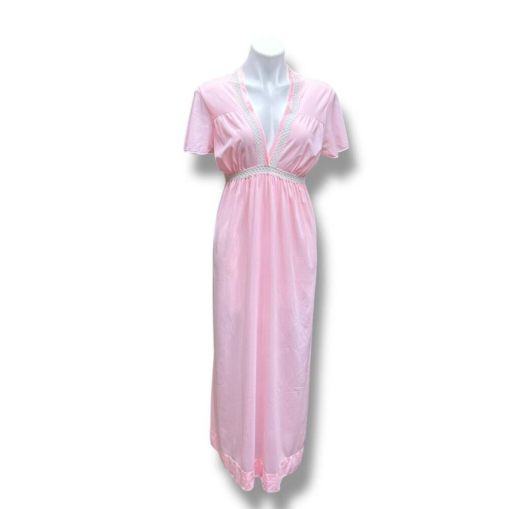 Vintage Rutledge Nightgown Pink Deep V Maxi Coquette Flutter Sleeves Womens Sz L - Picture 2 of 13
